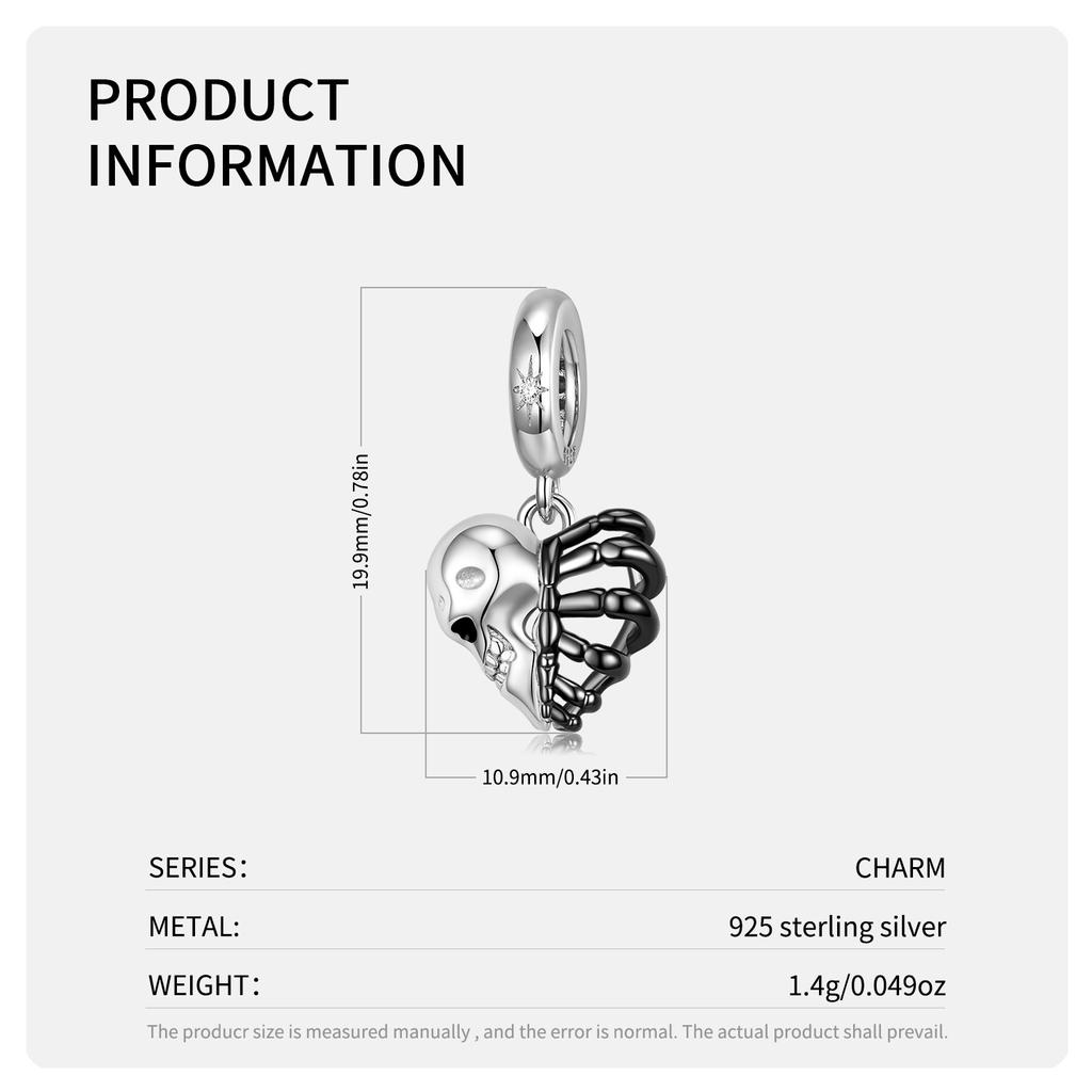 Original Skull Heart Skeleton Pendant Punk Style Personality Sterling Silver Pendant Diy Beaded Bracelet S925 Silver Accessories