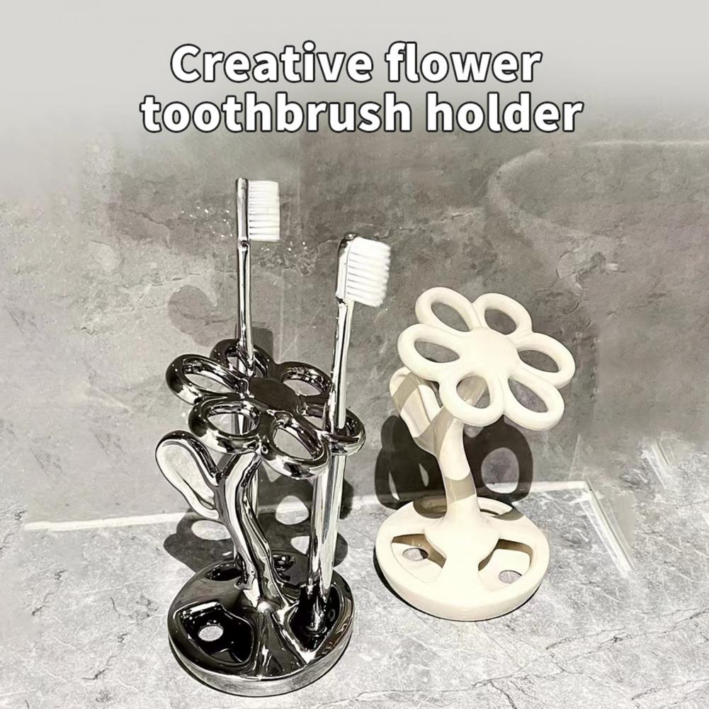 Ceramic Flower Shape Toothbrush Holder Multifunctional Bathroom Organizer High Stability Compact Countertop Stand
