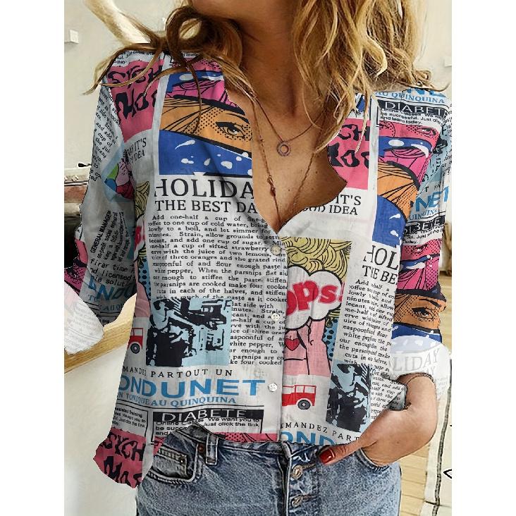 Spring and Autumn 3D Digital Print Women's Fashionable Collared Long Sleeve Casual Shirt