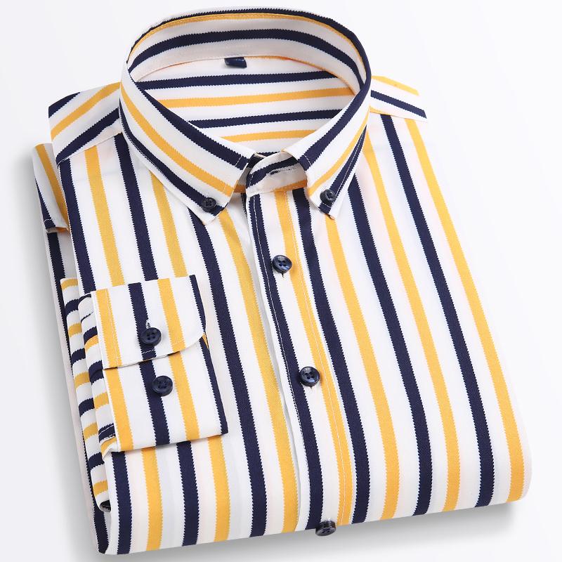 Men‘s Stylish Stretchy Striped Button-Down Shirt - Comfortable Long Sleeve Business & Casual Top - Color Block Design, Spring Summer