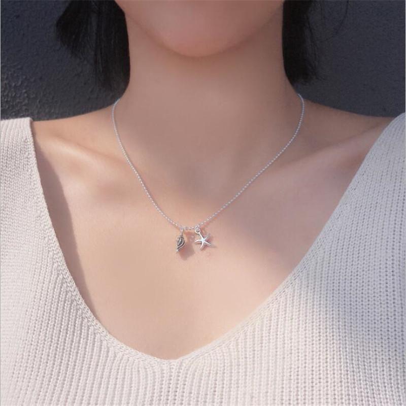 925 Silver Creative Conch Star Pendant Necklace Cute Starfish Design