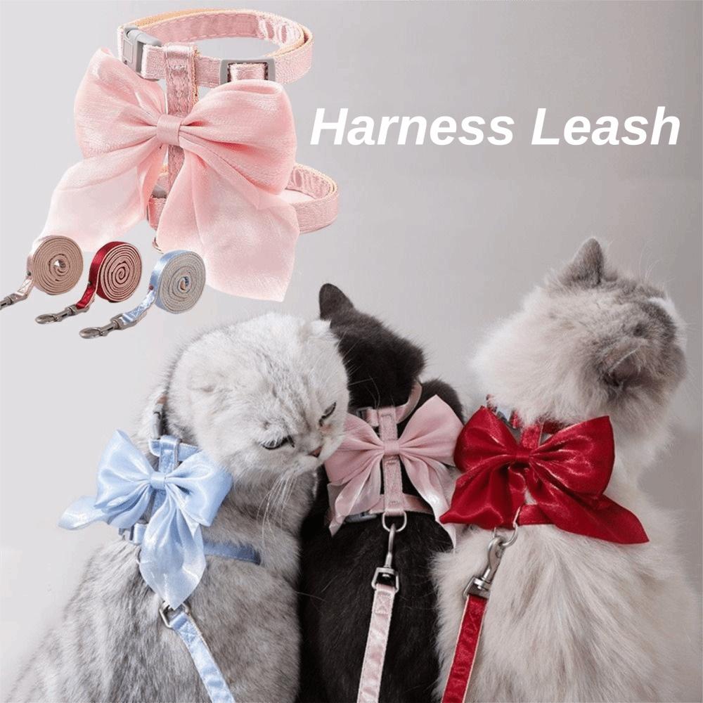 Cute Adjustable Bowknot Cat Harness Leash Escape Proof Shiny Bowknot Cat Leash Traction Rope Pet Walking