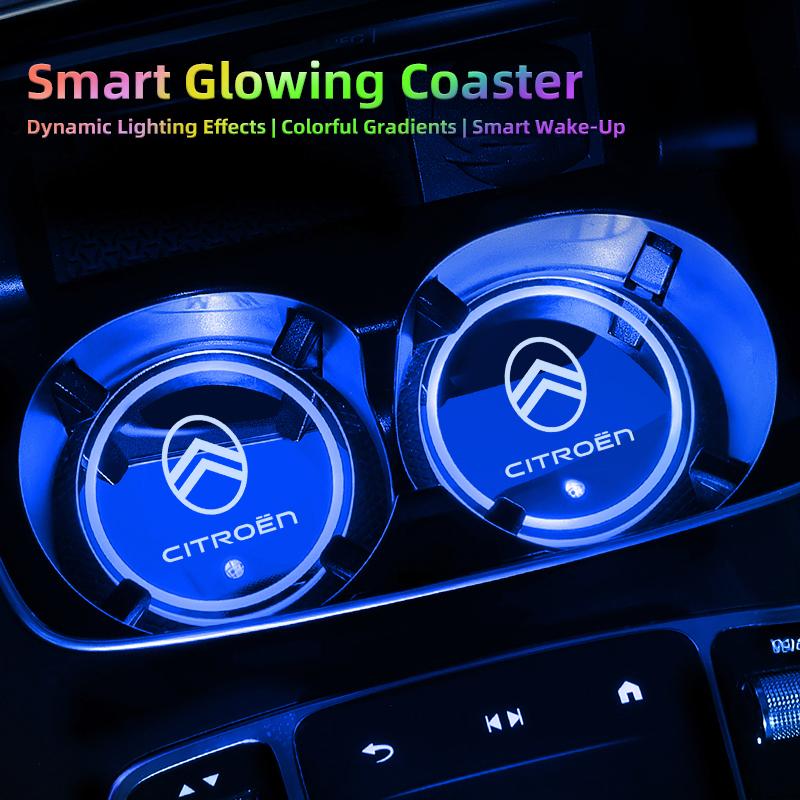 Car Coaster Pad Colorful Led Atmosphere Light Water Cup Mat Valve Cap For Citroen C4 C3 C5 C1 C6 C2 C5X e-C4 X C-Elysee Berlingo