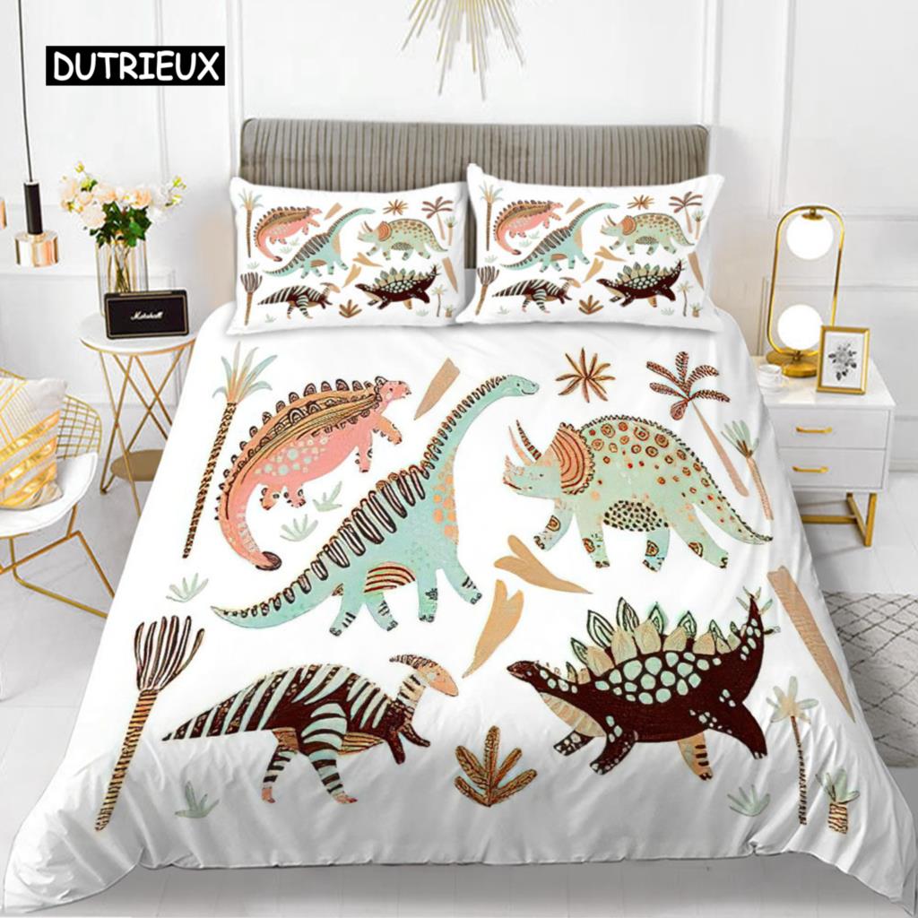 Cartoon Dinosaur Duvet Cover Set King Microfiber Cute Cartoon Dino Comforter Cover Set Jungle Animals Bedding Set for Baby Girls