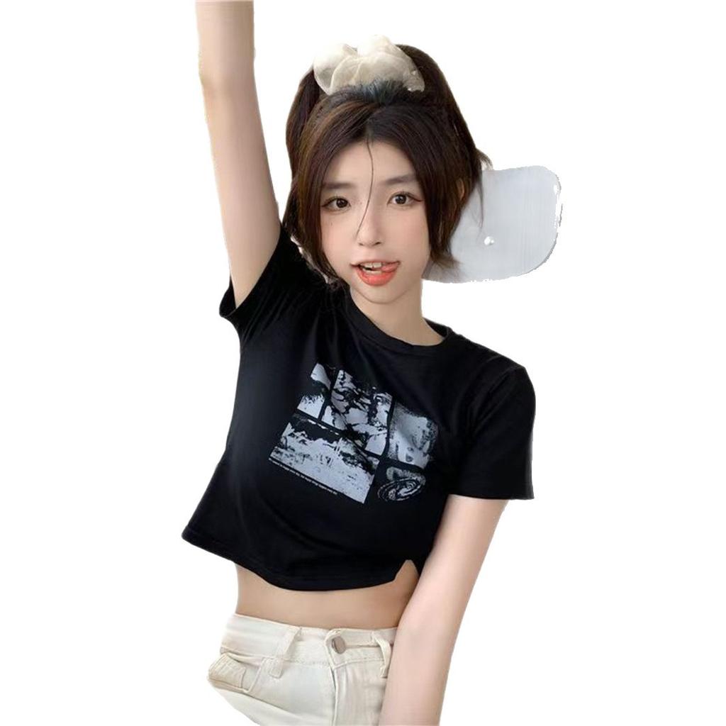 Funny girl navel print short-sleeved T-shirt summer new student black top