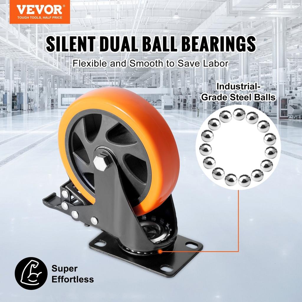 Caster Wheels, 5-inch Swivel Plate Casters, Set of 4, with Security A/B Locking No Noise PVC Wheels, Heavy Duty 450 lbs Load Capacity Per Caster,