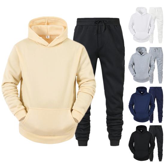 2Pcs/Set Long Sleeve Elastic Waist Mid-rise Thickened Sportswear Set Men Winter Solid Color Pockets Hooded Sweatshirt Pants Set Daily Clothing