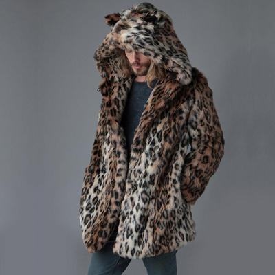 Winter Men's Fur Jacket, Leopard Print Leather Jacket, Long Hooded Leather Coat, Men's Thermal Leather Coat