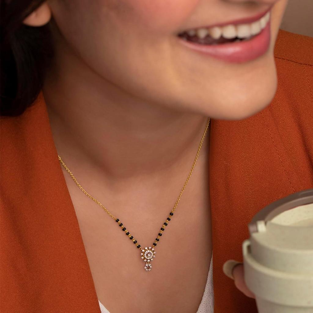 Women's Mangalsutra Fashion Jewelry with Black Beads and Crystal-Embellished Gold-Tone Pendant, Traditional