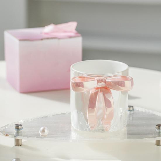 Ceramic Coffee Cup with Ribbon Handle 11.8oz Elegant Pink Bow Design Tea Cup Drinking Gift