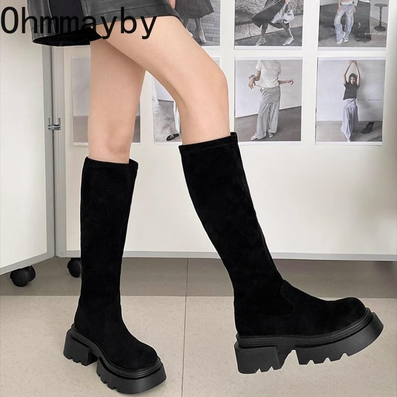 Winter Platform Punk Style Woman Knee High Boot Concise Slip On Elastic Slim Shoes Ladies Thick Bottom Knight Long Booties