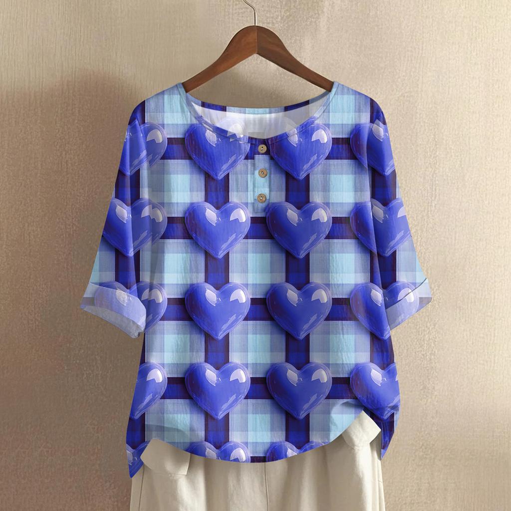 Damska koszulka z nadrukiem na Walentynki, casualowa, z krótkim rękawem, okrągłym dekoltem, z bawełny i lnu