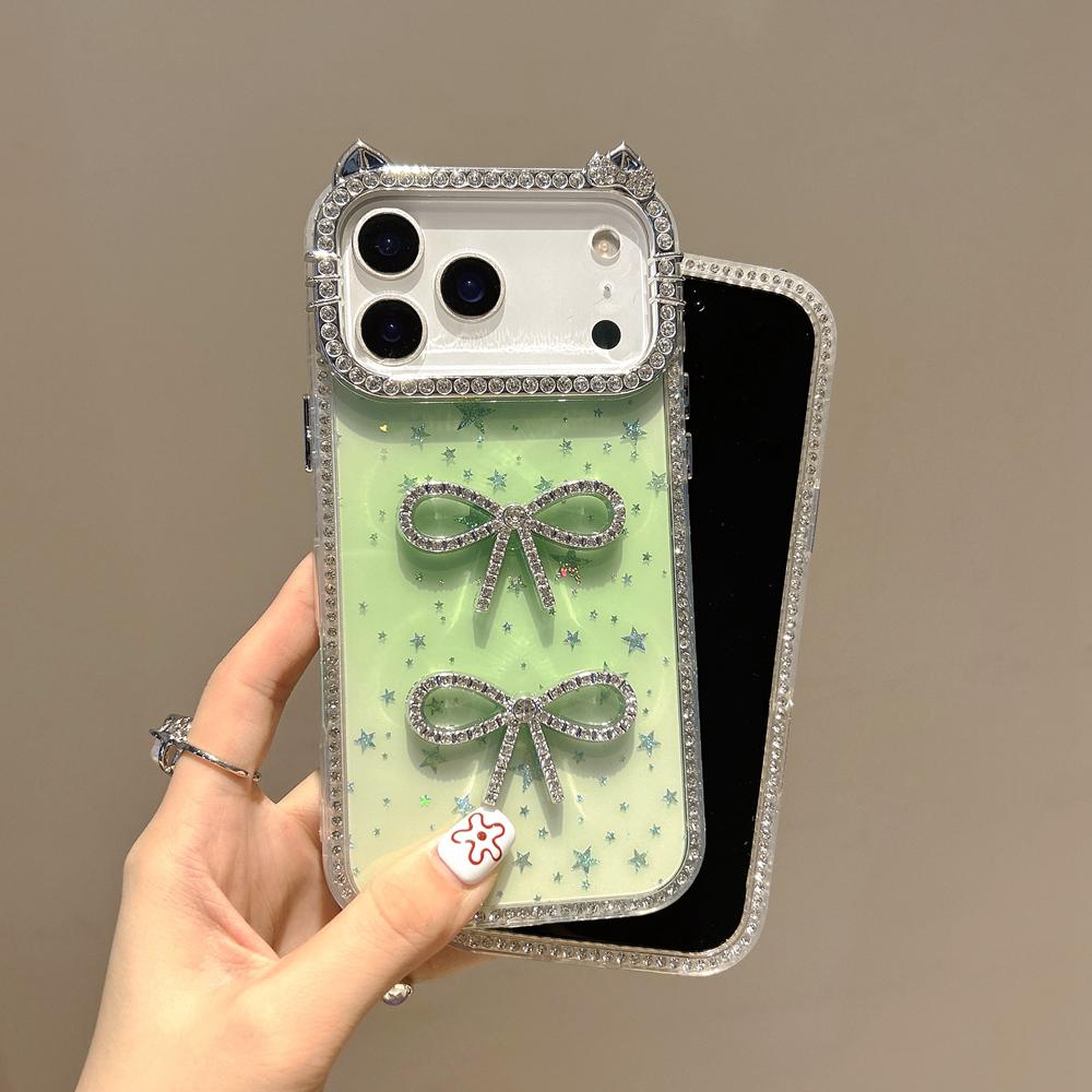 KEYSION Cute 3D Cat Ear Transparent Phone Case for iPhone 14 15 Pro Max 14 15 Plus Glitter Jewelled Bowknot Shockproof Back Cover