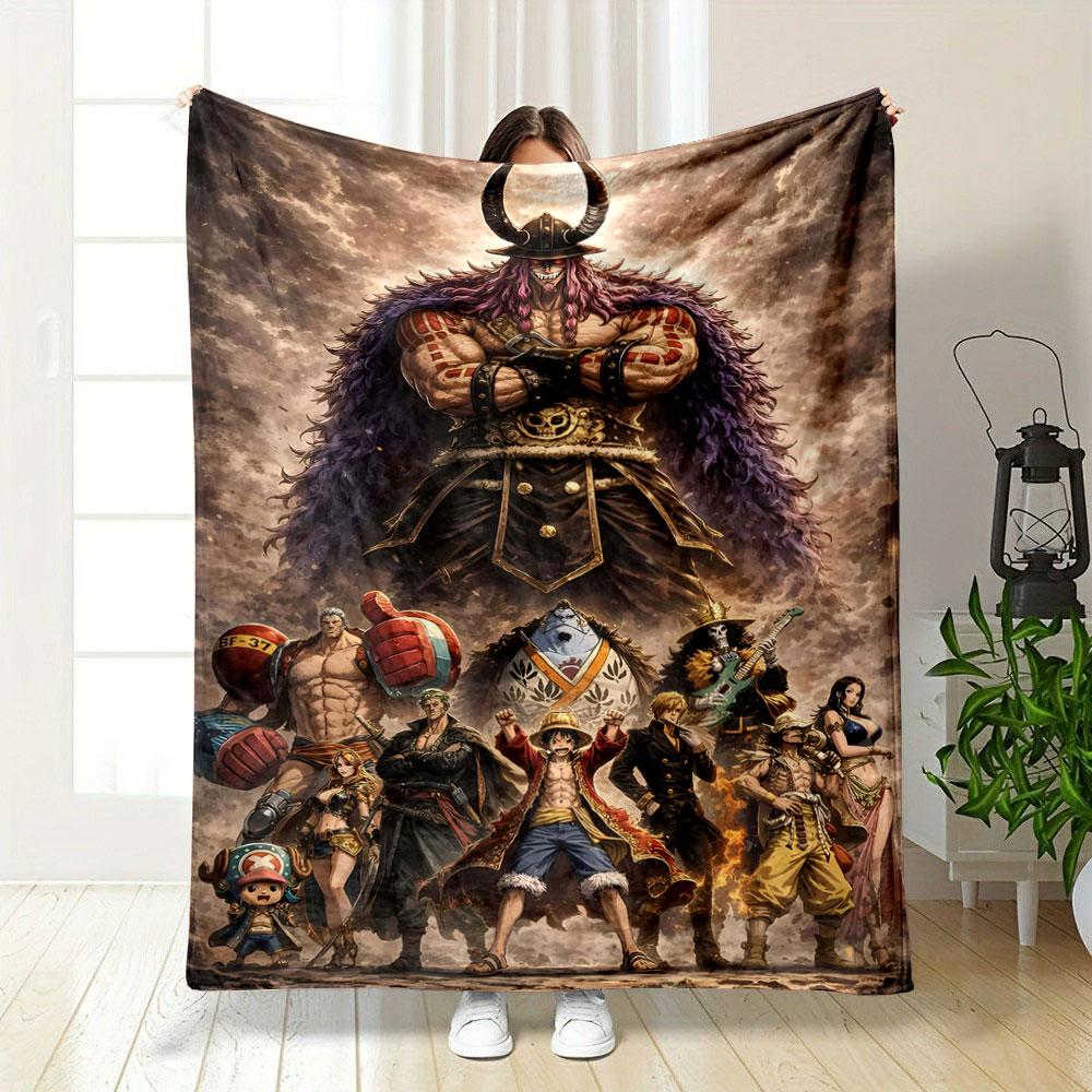 A powerful giant figure looms over a group of diverse, dynamic characters. for all seasons blanket lunch break throw gift