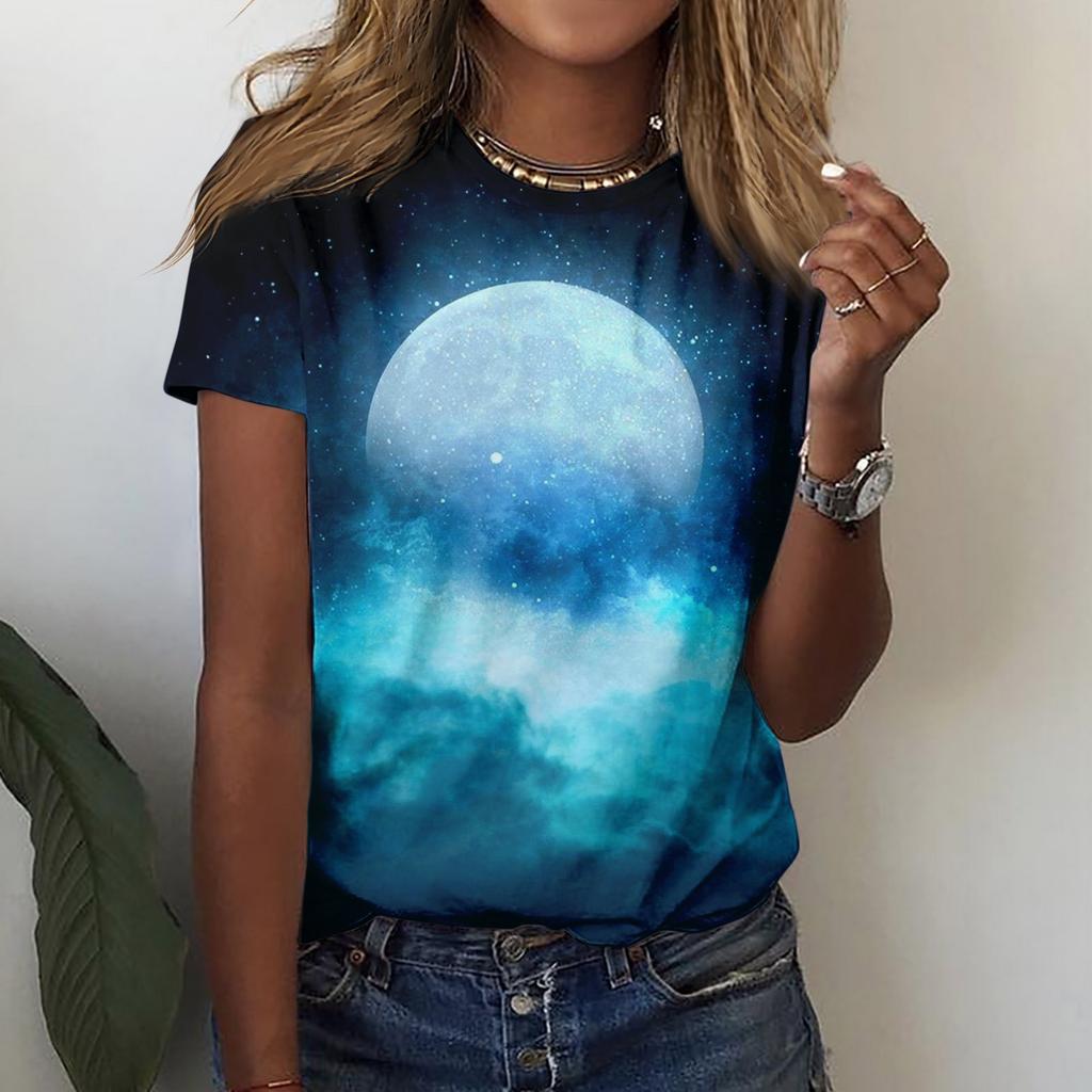 Camiseta feminina casual solta estampada gola redonda pulôver manga curta top