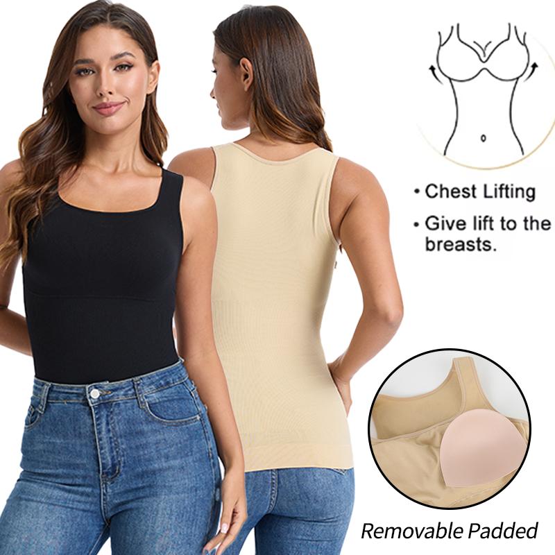 Women Compression Vest Shapewear Square Neck Tank Top Tummy Control Body Shaper Waist Trainer Camisole Padded Soft Underwear