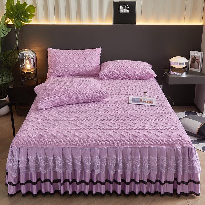 Thickened Taffeta Bed Skirt Set: Korean Style Lace Bedspread & Mattress Cover (3-Piece, Solid Color)