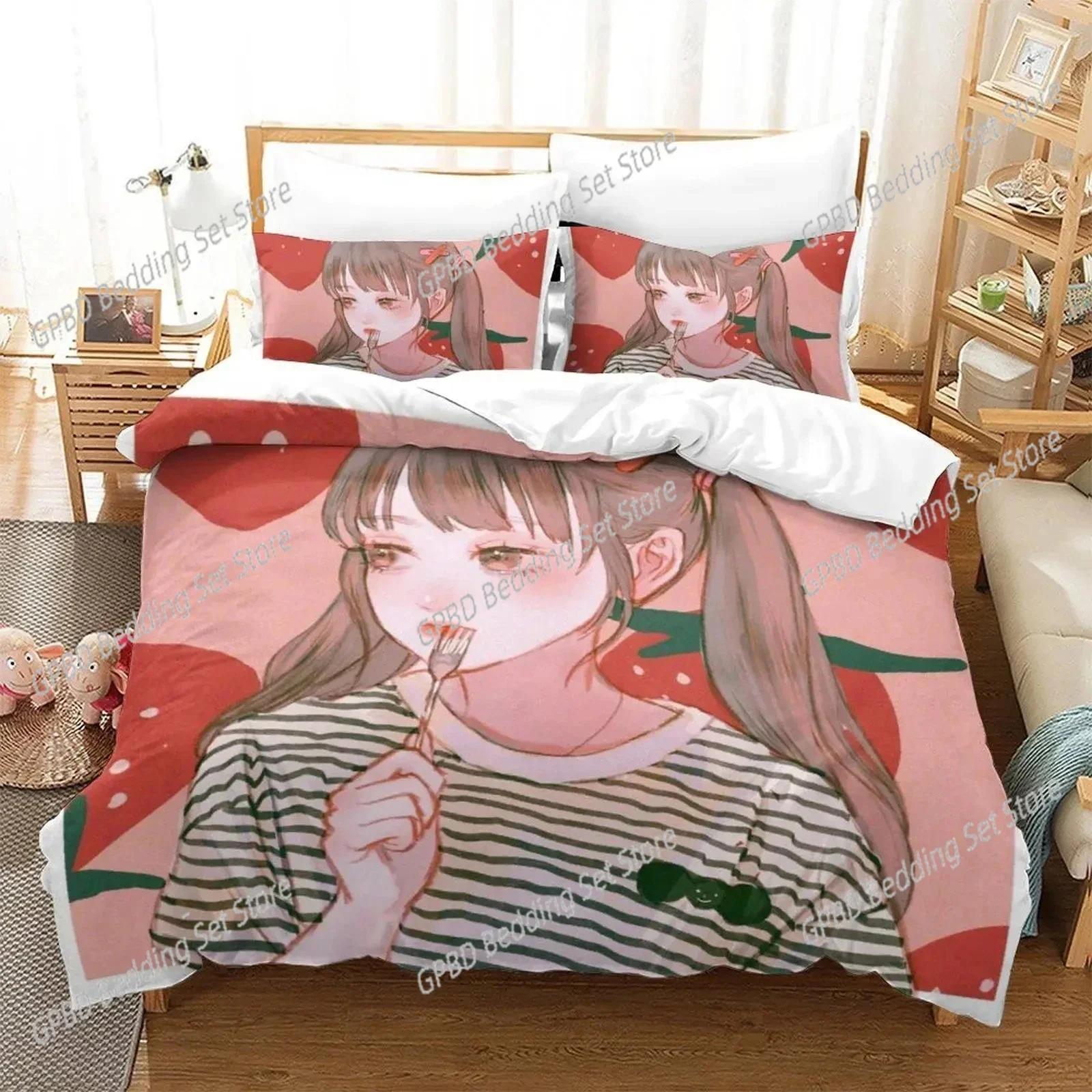 

Anime Aesthetic Girl Art Strawbery Beding Set 3D Printed Suitable for Bedrom Soft with Soft Fabric Duvet Cover Set With Pilowcases Home Textile 100*200cm Single
