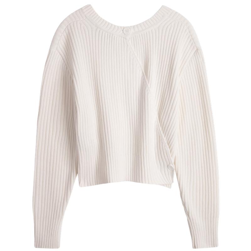 Calvin Klein Minimalist Embroidered Asymmetrical V-Neck Sweater Women Sweater Off-White J222847YBI