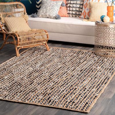 Aizza Trends Indian Handmade Braided Natural Jute with Black White Cotton Area Rug- Jute Rug- Dining Room- Living Room
