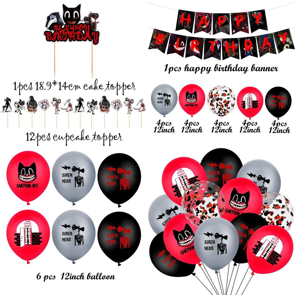 Set Detallado de Suministros para Fiesta de Cumpleaños con Tema de Terror Gato Dibujo Animado Siren Head