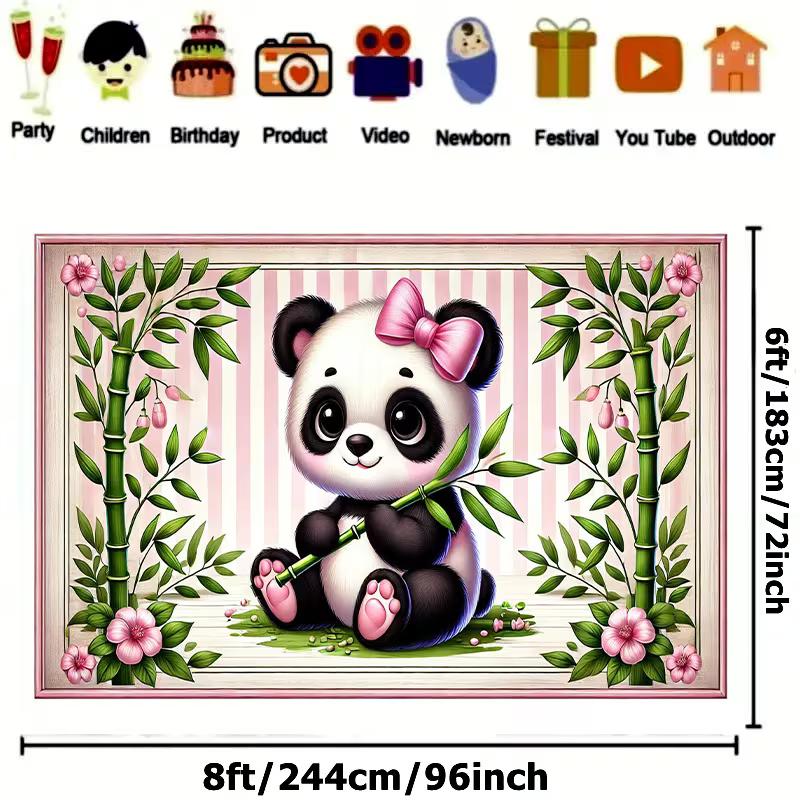 2D Cartoon Baby Panda Cherry Blossom Backdrop Girl Birthday Party Decor Background Cloth