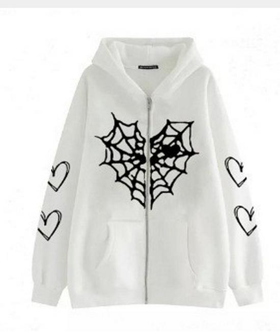 Spider Web Heart Print Fleece-Lined Zipper Hoodie for Men and Women - Autumn/Winter Collection.