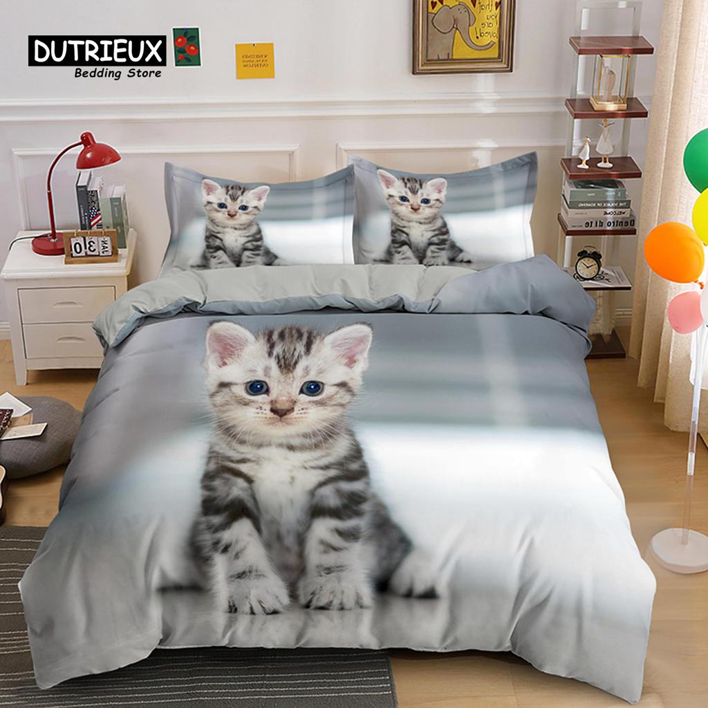Colorful Cat Bedding Set For Kids Girls Boys 2/3pcs Cute Cat Duvet Cover Set King Microfiber Animal Comforter Cover Pillowcases