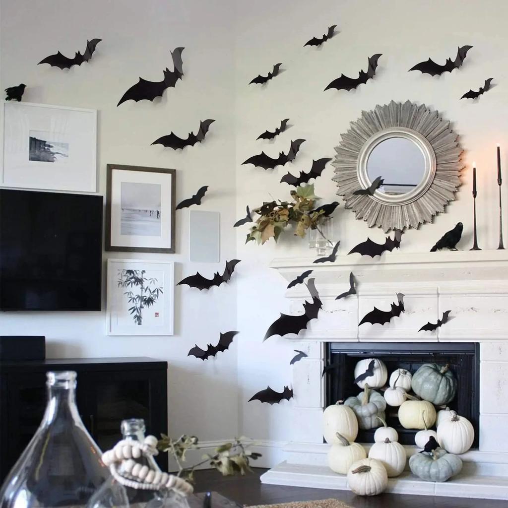 72pcs 3D Black PVC Bat Wall Stickers Halloween Decorations Scary Party Props DIY Home Bar Room Decoration for Spooky Halloween Night