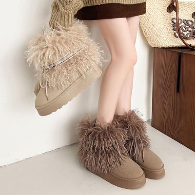 Fashion Fluffy Snow Boots Women's 2025 Autumn and Winter Retro Piled Thickened Medium Boots Warm Non-slip Thick-soled Cotton Boots