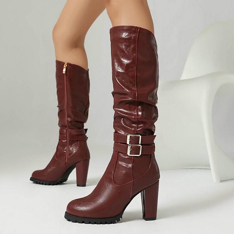 Knight boots round head thick sole thick heel super high heel autumn and winter side zipper but knee boots belt buckle women's high boots