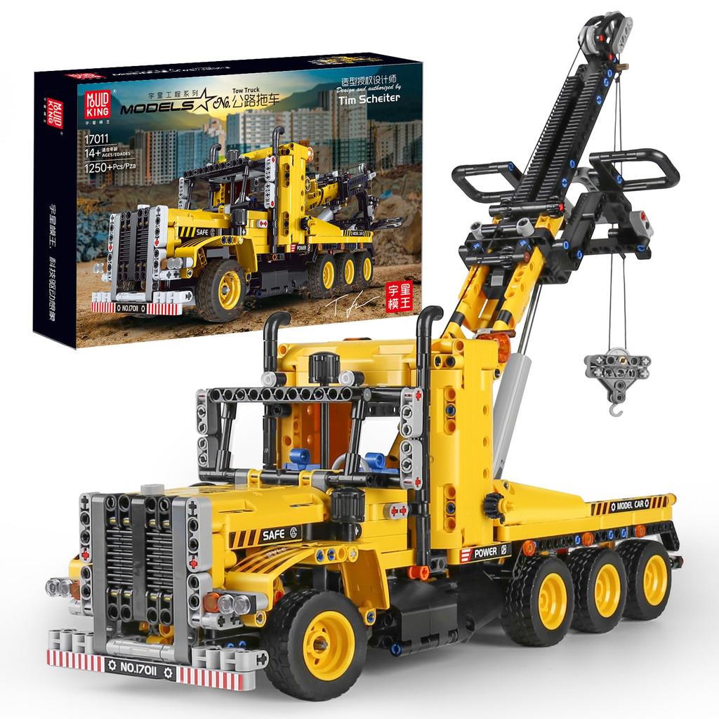 Mould King 17011 Tow Truck Block Kit, 1250 Static Version Engineering Series Engineering Truck Model Trailer Assembly Kit, Technology Compatible