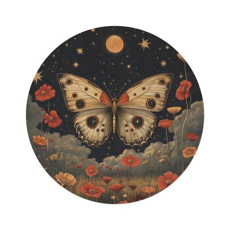 

Butterfly Dream Round Rug, Boho Home Decor, Witchy Cottagecore Area Rug, Unique Indoor Carpet, Gothic Celestial Butterfly 80cm