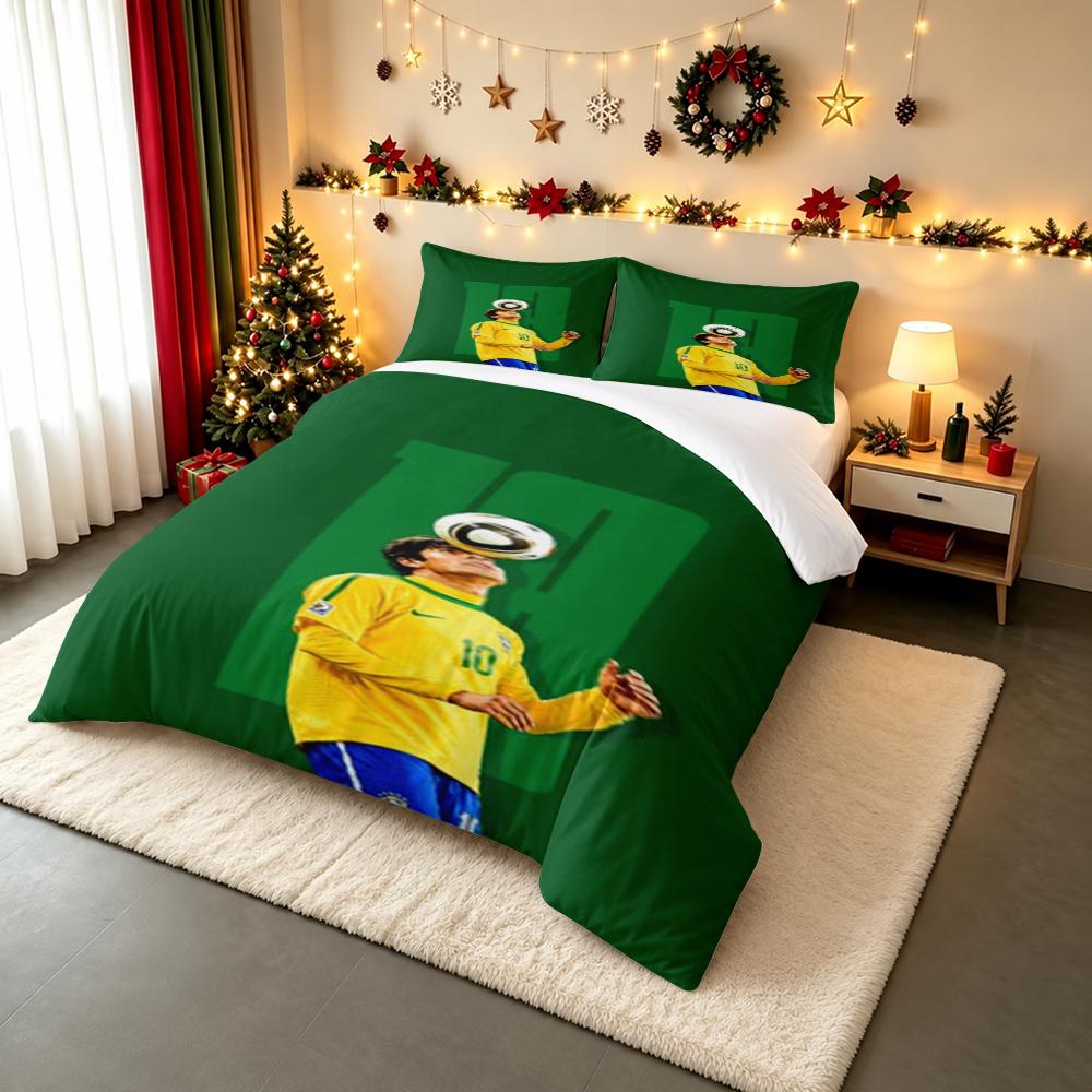 3 Piece Bedding Set with Duvet Cover and 2 Pillowcases - Ronaldinho Brazil 10 Balancing Ball Art - Green Decor
