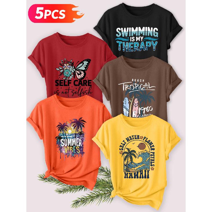 Five-piece Set Elegant Short-sleeved Shirt for Women Coconut Trees and Waves by the Sea SELF CARE English Resort-style Printed Round-neck Women's
