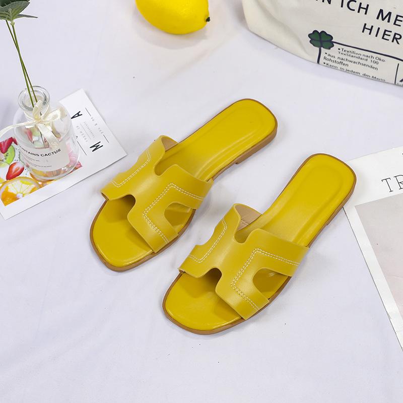 Solid Color One-word Slippers Spring and Summer Outer Wear Ins Beach Non-slip Cool Slippers Large Size