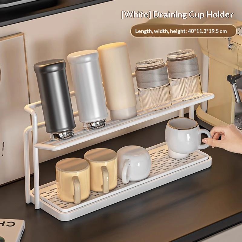 

Stainless Steel Cup Holder 2 Tier Drying Rack with Drain Tray Space Saving Storage Shelf for Coffee Tea Cups Glasses Home