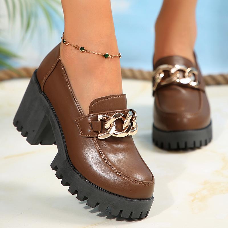 Fashion Chain High Heels Woman Loafers Shoes Leather Chunky Fashion Dress Walking Shoes Women 2024 Trend Pumps Elegant Zapatillas Female