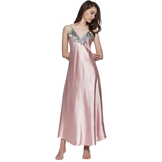 Women's Satin Lace Nightgown Spaghetti Strap Sleeveless Slip Dress Soft V Neck Maxi Sleepwear Silky Chemise Nightdress