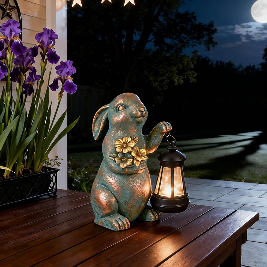 Adorable Rabbit Sun Lamp Sustainable Resin Statue Great For Lawn Tabletop Holiday Season Gift Choice