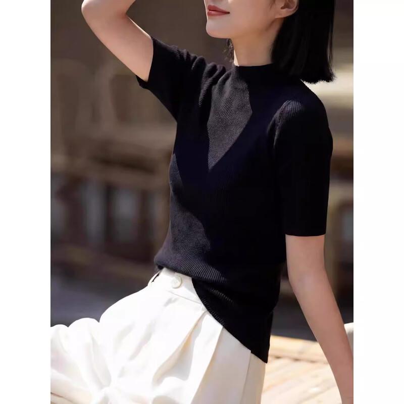 Basic House Women's 100% Wool Short-Sleeve Mock Neck Knit Top