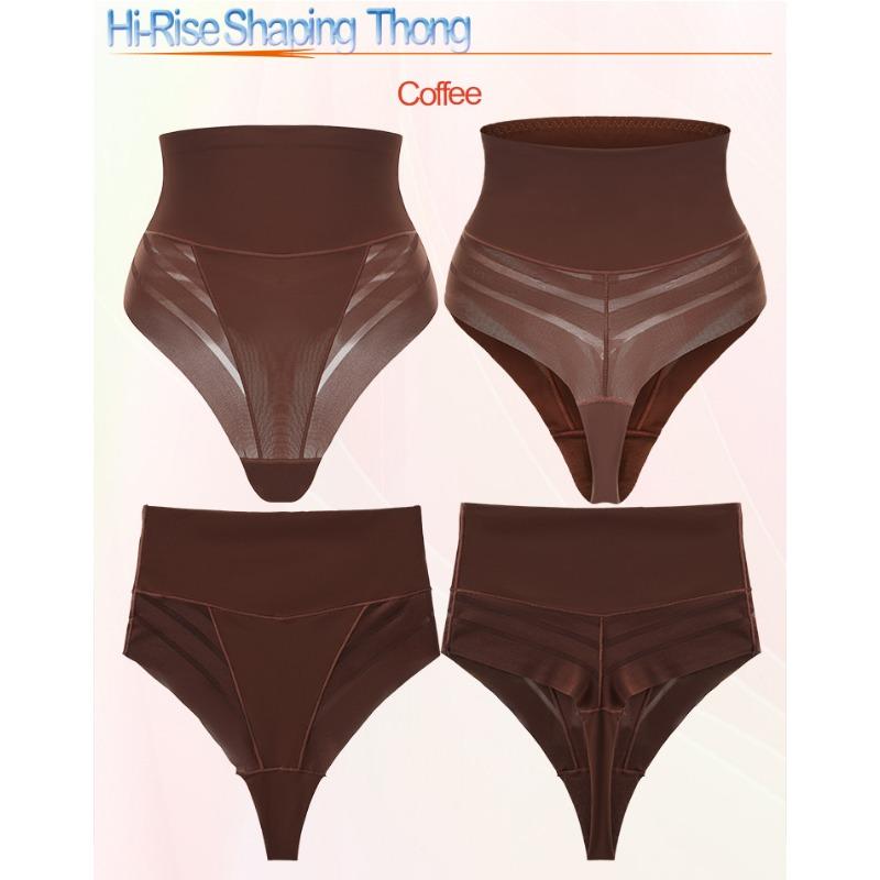 Women High Waist Striped Mesh Tummy Control Shaping T Back Thong Underwear