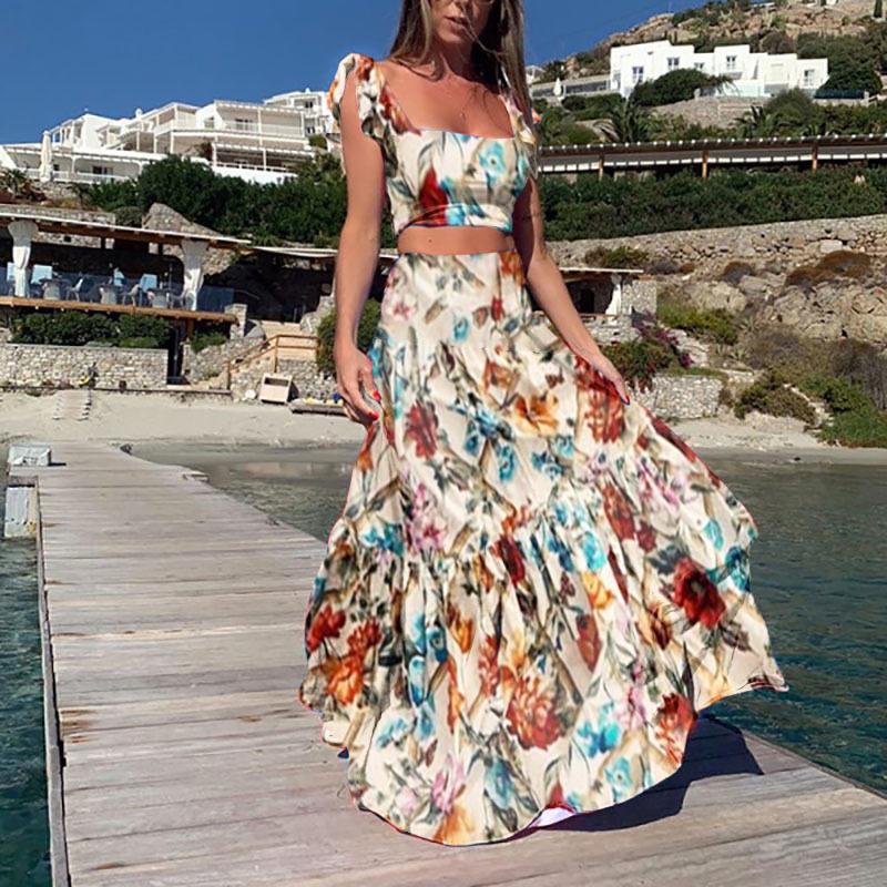2025 Summer New Waist Top Fashionable and Sexy Printed Dress Long Dress Two-piece Set