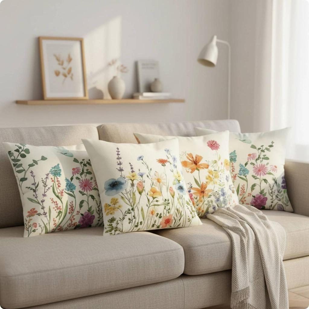 4 Pieces Pillow Slip Soft Floral Linen Cushion Cover for Sofa, Reading Corner