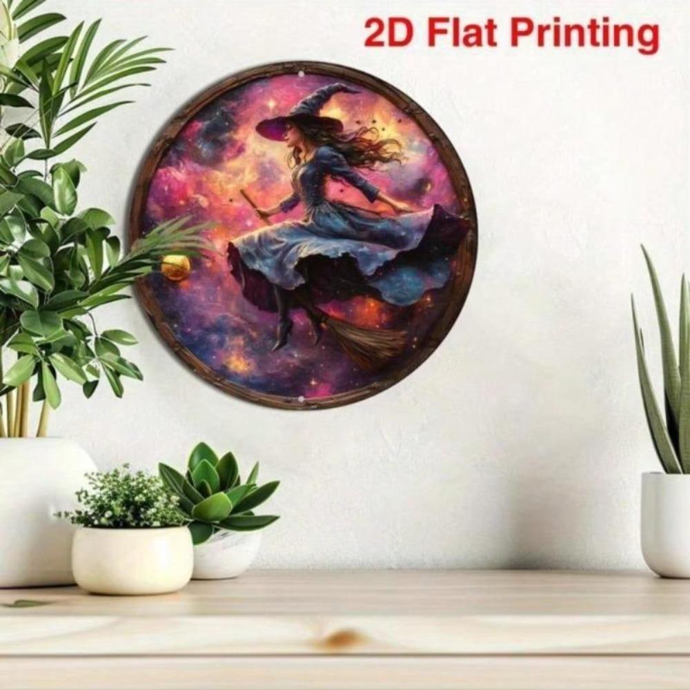 Metal Wall Art Witch on Broomstick Round Creative Waterproof Weather Resistant Hanging Decor