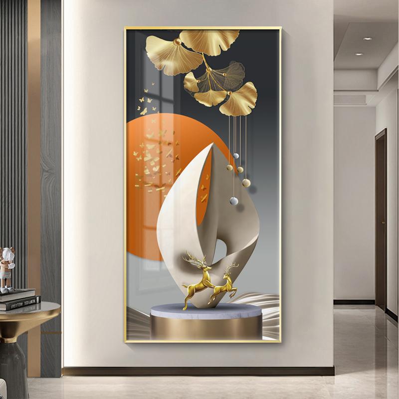 Pictură abstractă de lux de pânză aurie, artă de perete cu lumină copac bogat, afișe și imprimeuri pentru cerb, pentru decorarea coridorului, verandă