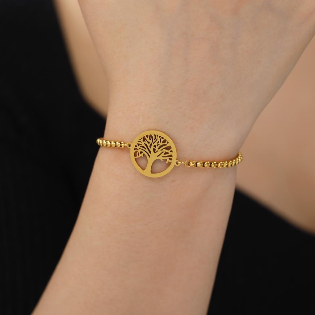 Tree of Life Stainless Steel Bracelet | 18K Gold Plated Minimalist Fashion Jewelry for Men Women Trendy Gift