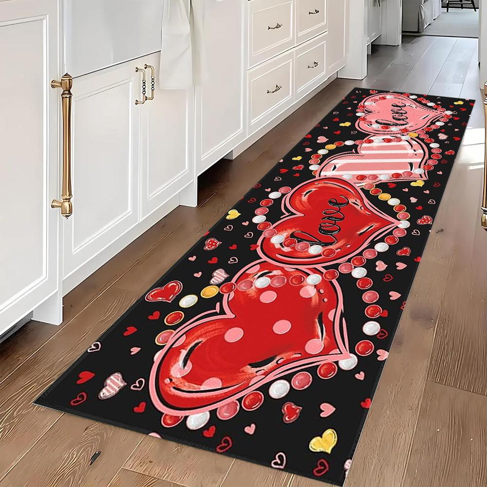 Heart Pattern Runner Rug Love Lettering Heart Carpet Romantic Girly Valentine Home Decor Rug Soft Non-Slip Mat for Hallway