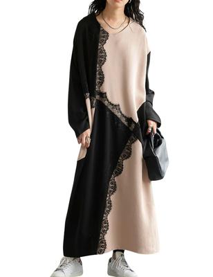 Antiqua Long Regular Size Mixed Women's Lace-Trimmed Dress, Sleeve, PN-00512, (S-L), 85,