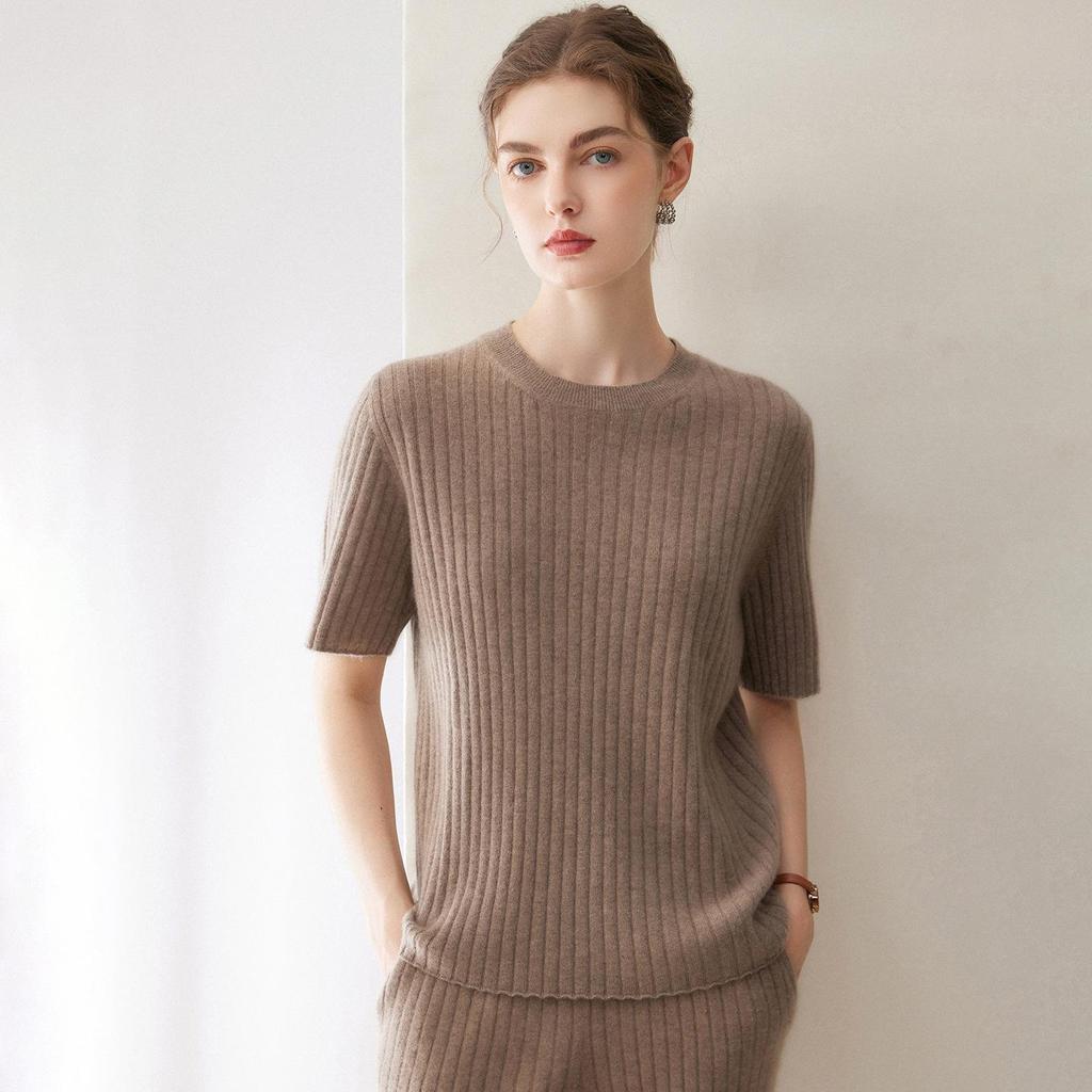 100% Pure Cashmere Round Neck Knit Short Sleeve Sweater